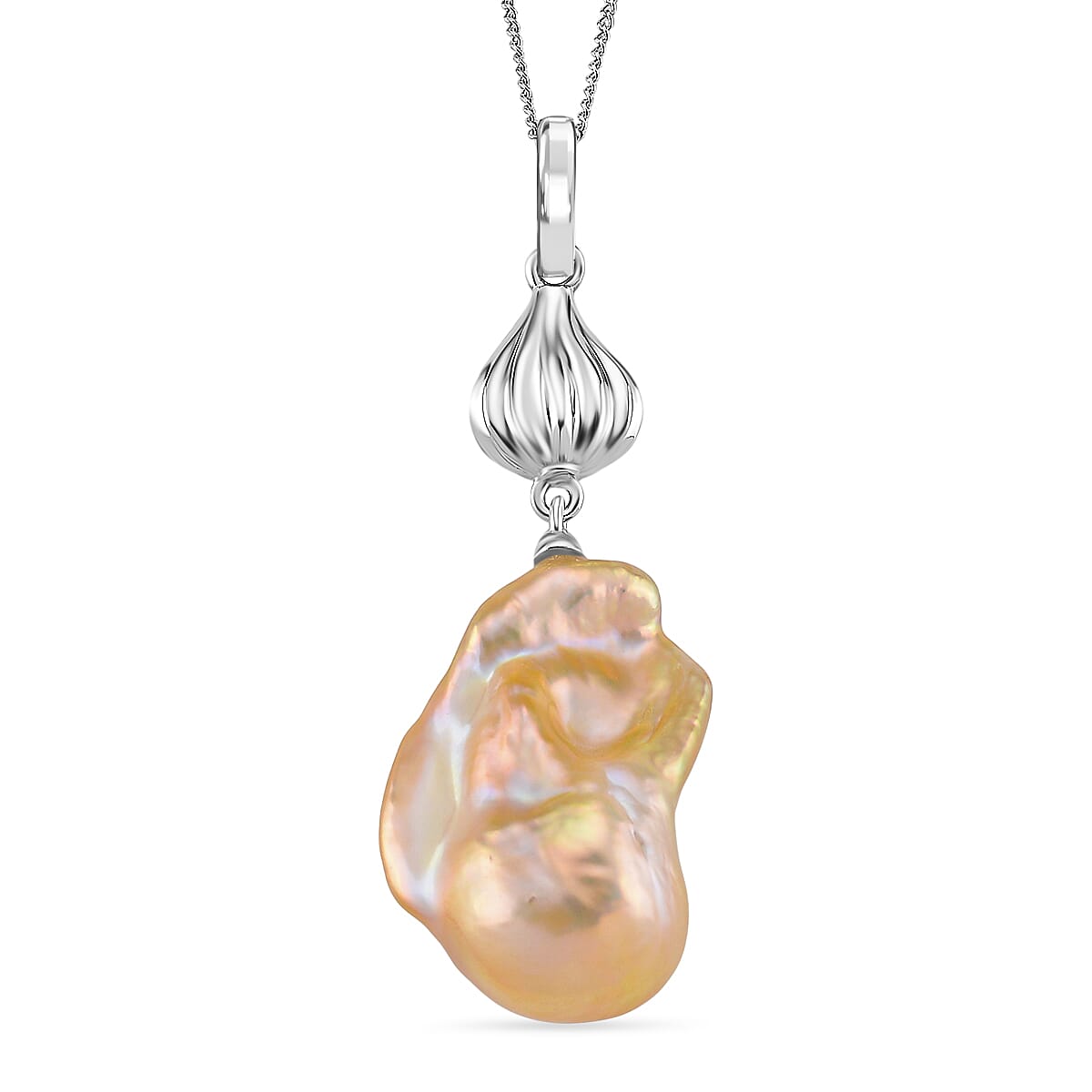 Peach Baroque Pearl Pendant with Chain (Size 18) with Lobster Clasp in Rhodium Overlay Sterling Silver 79.00 Ct. 4406404 0