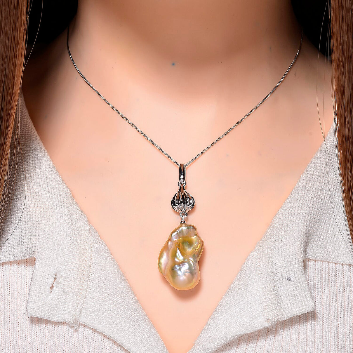 Peach Baroque Pearl Pendant with Chain (Size 18) with Lobster Clasp in Rhodium Overlay Sterling Silver 79.00 Ct. 4406404 2