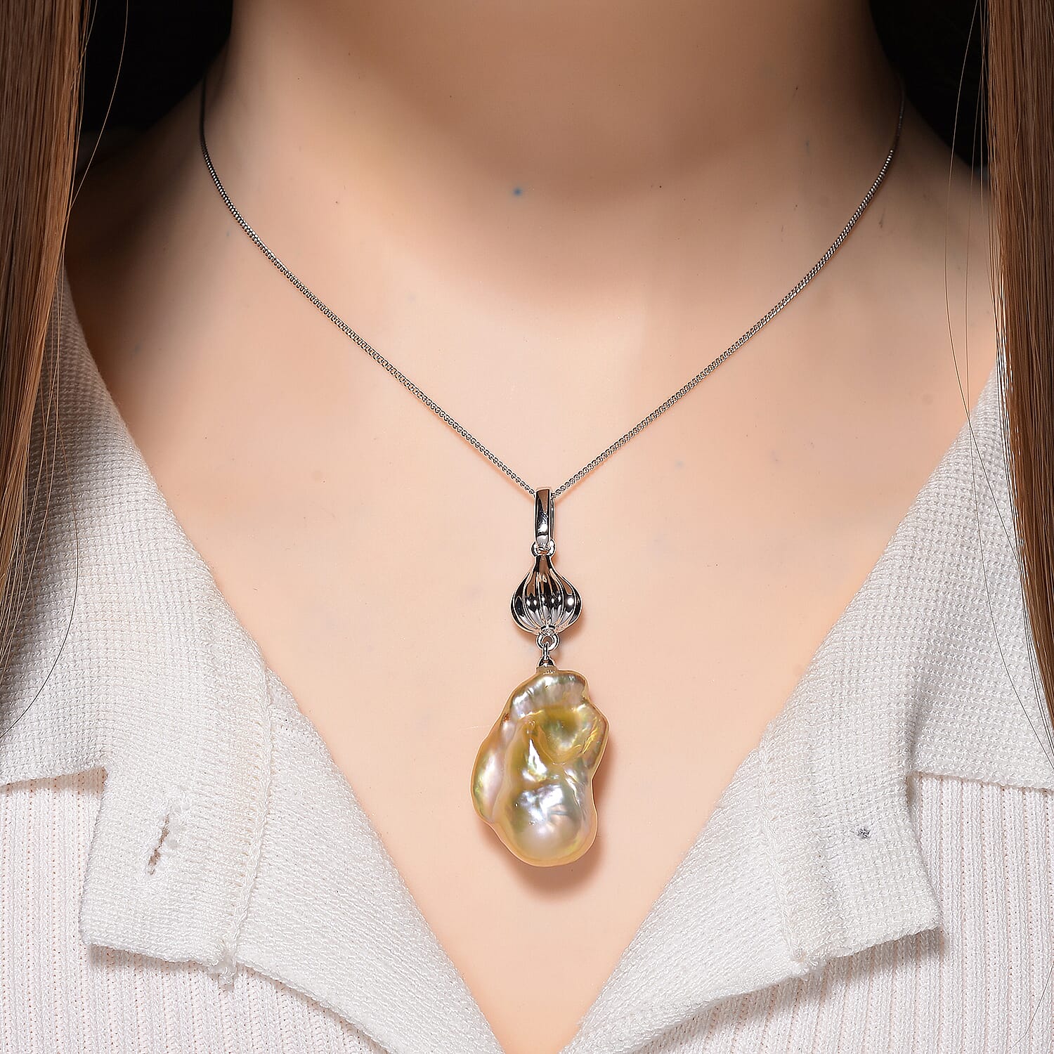 Peach Baroque Pearl Pendant with Chain (Size 18) with Lobster Clasp in Rhodium Overlay Sterling Silver 79.00 Ct. 4406404 2