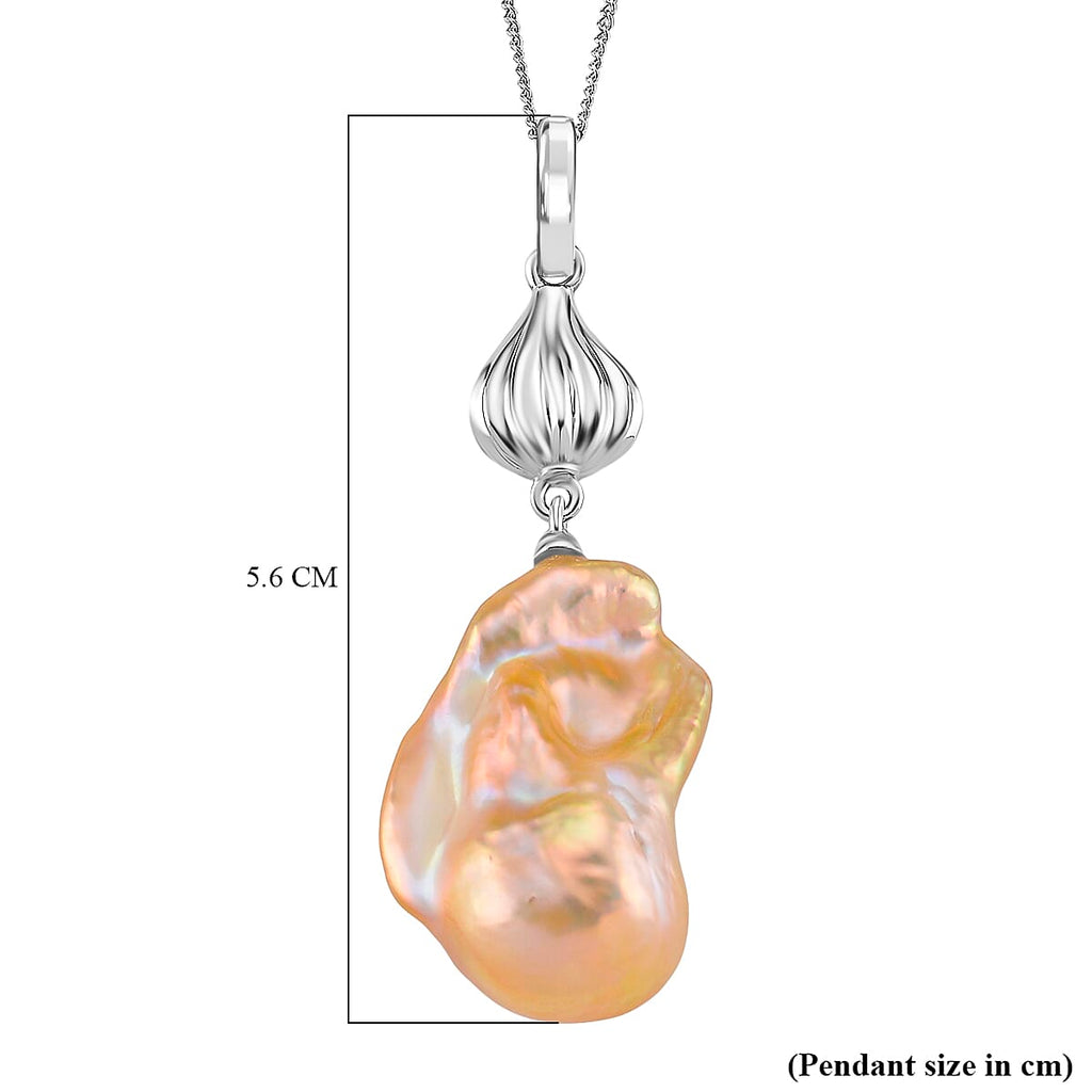Peach Baroque Pearl Pendant with Chain (Size 18) with Lobster Clasp in Rhodium Overlay Sterling Silver 79.00 Ct.