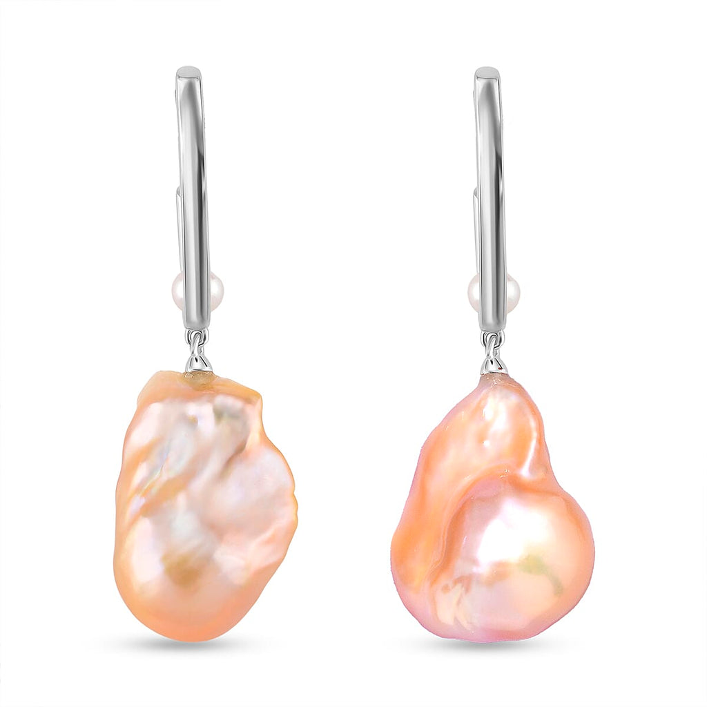 Peach Baroque Pearl & White Fresh Water Pearl Earring with Push Back in Rhodium Overlay Sterling Silver 72.16 Ct.