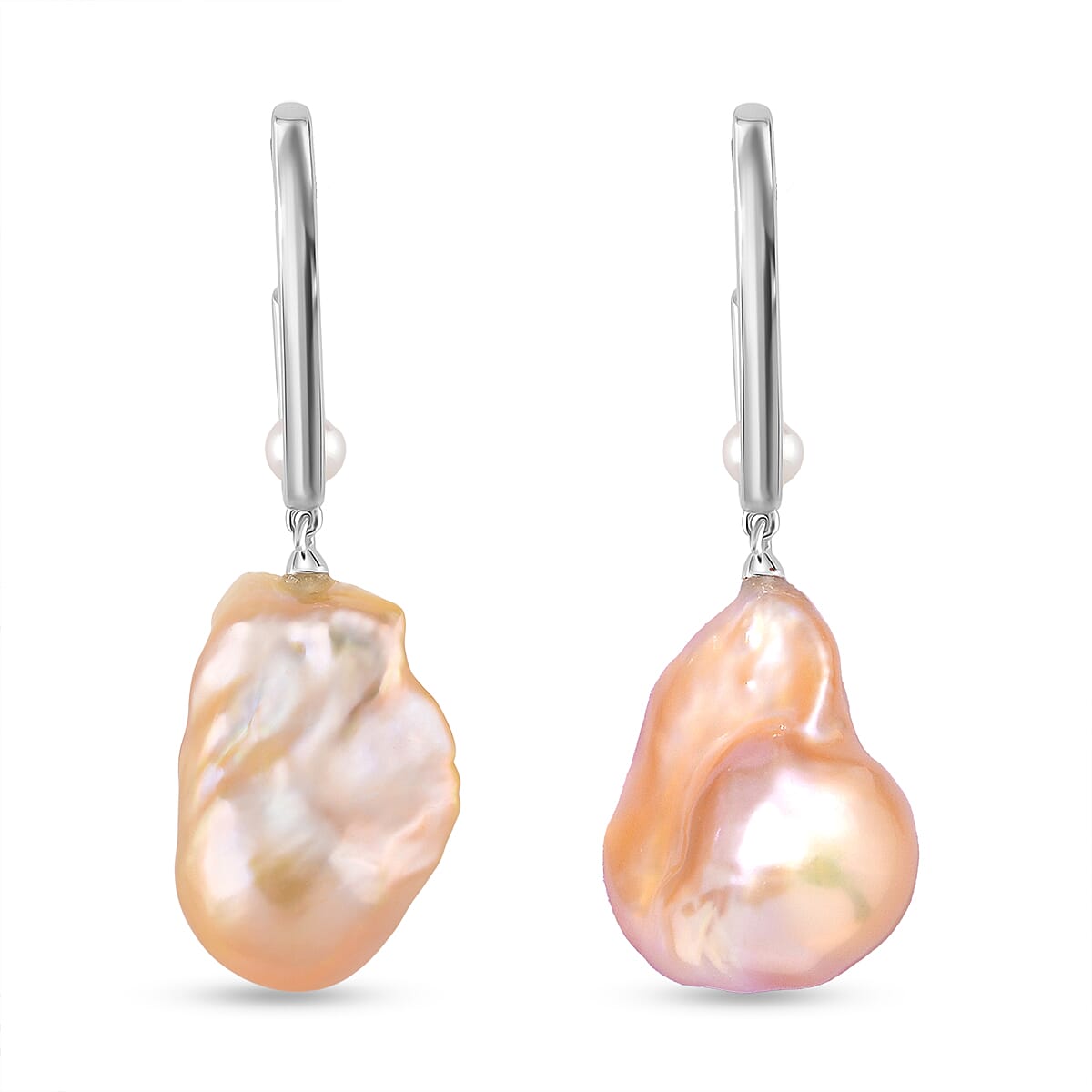 Peach Baroque Pearl, White Fresh Water Pearl Earring with Push Back in Rhodium Overlay Sterling Silver 72.16 Ct. 8216029 0