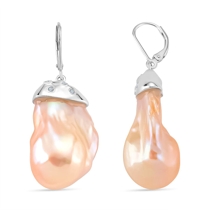 Peach Baroque Pearl, White Zircon Earring with Lever Back in Rhodium Overlay Sterling Silver 70.41 Ct. 8211668 1