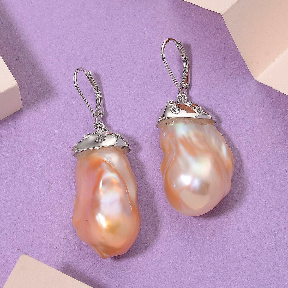 Peach Baroque Pearl, White Zircon Earring with Lever Back in Rhodium Overlay Sterling Silver 70.41 Ct. 8211668 2