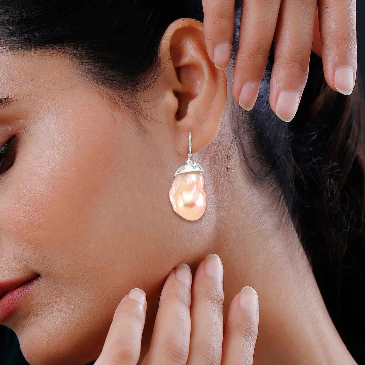 Peach Baroque Pearl, White Zircon Earring with Lever Back in Rhodium Overlay Sterling Silver 70.41 Ct. 8211668 3