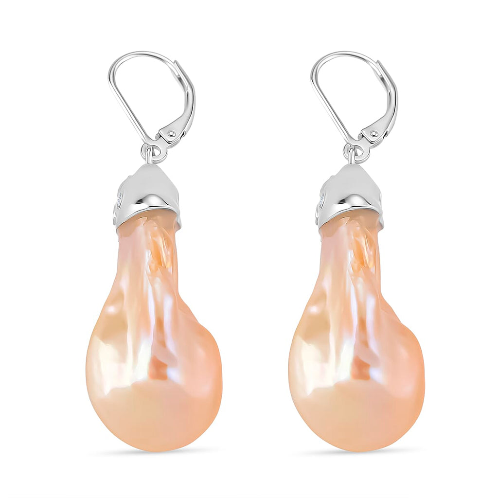 Peach Baroque Pearl & White Zircon Earring with Lever Back in Rhodium Overlay Sterling Silver 70.41 Ct.
