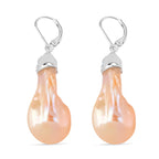Peach Baroque Pearl & White Zircon Earring with Lever Back in Rhodium Overlay Sterling Silver 70.41 Ct.