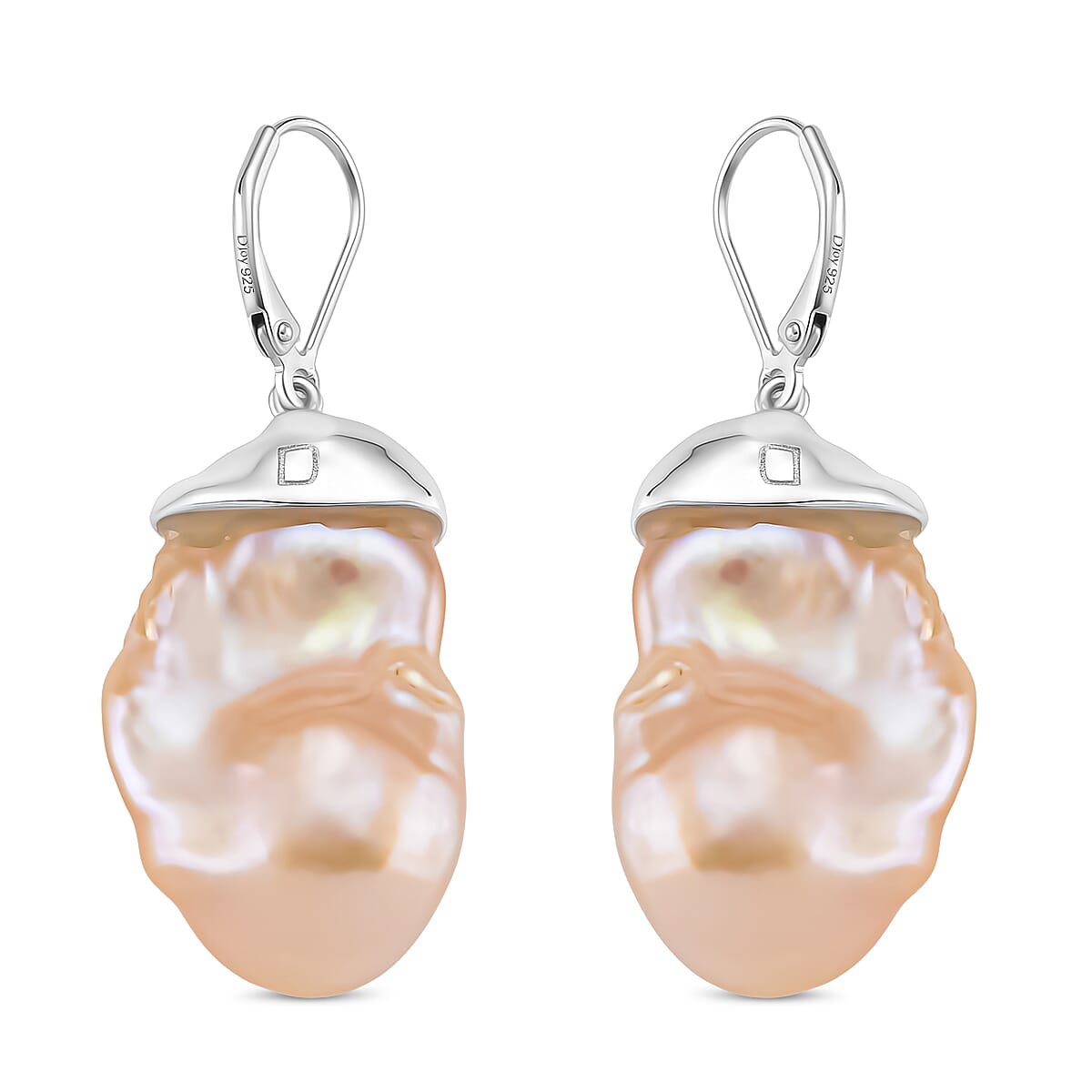 Peach Baroque Pearl, White Zircon Earring with Lever Back in Rhodium Overlay Sterling Silver 70.41 Ct. 8211668 5