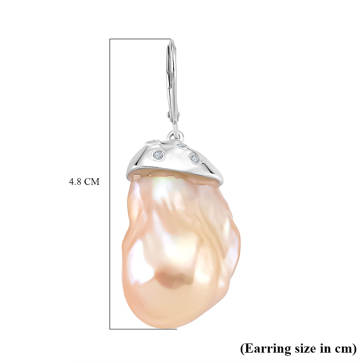 Peach Baroque Pearl, White Zircon Earring with Lever Back in Rhodium Overlay Sterling Silver 70.41 Ct. 8211668 6
