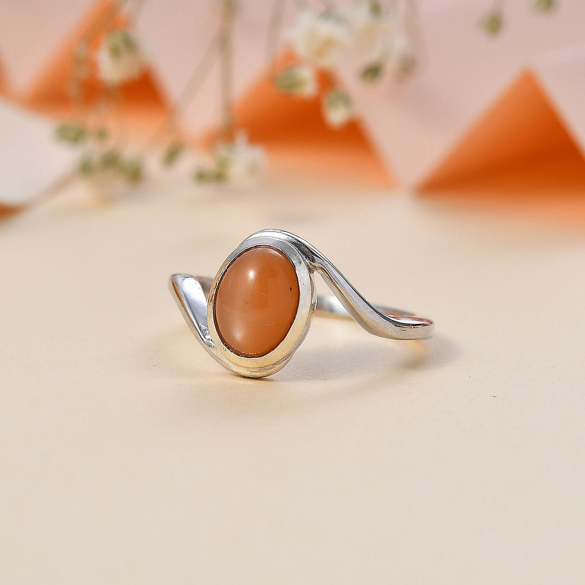 Peach Moonstone Solitaire Ring in Rhodium Overlay Sterling Silver 1.33 Ct 7795527 1