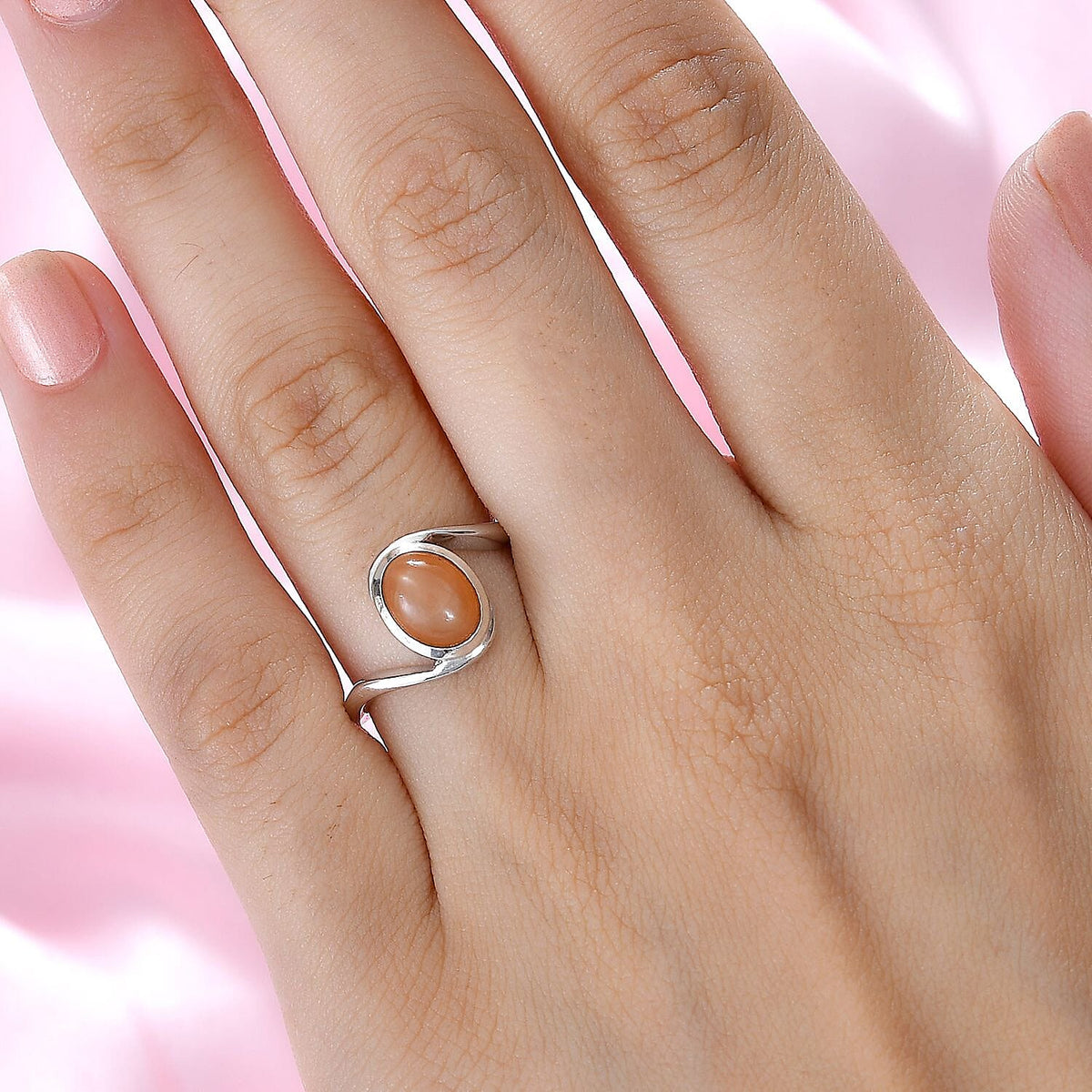 Peach Moonstone Solitaire Ring in Rhodium Overlay Sterling Silver 1.33 Ct 7795527 2