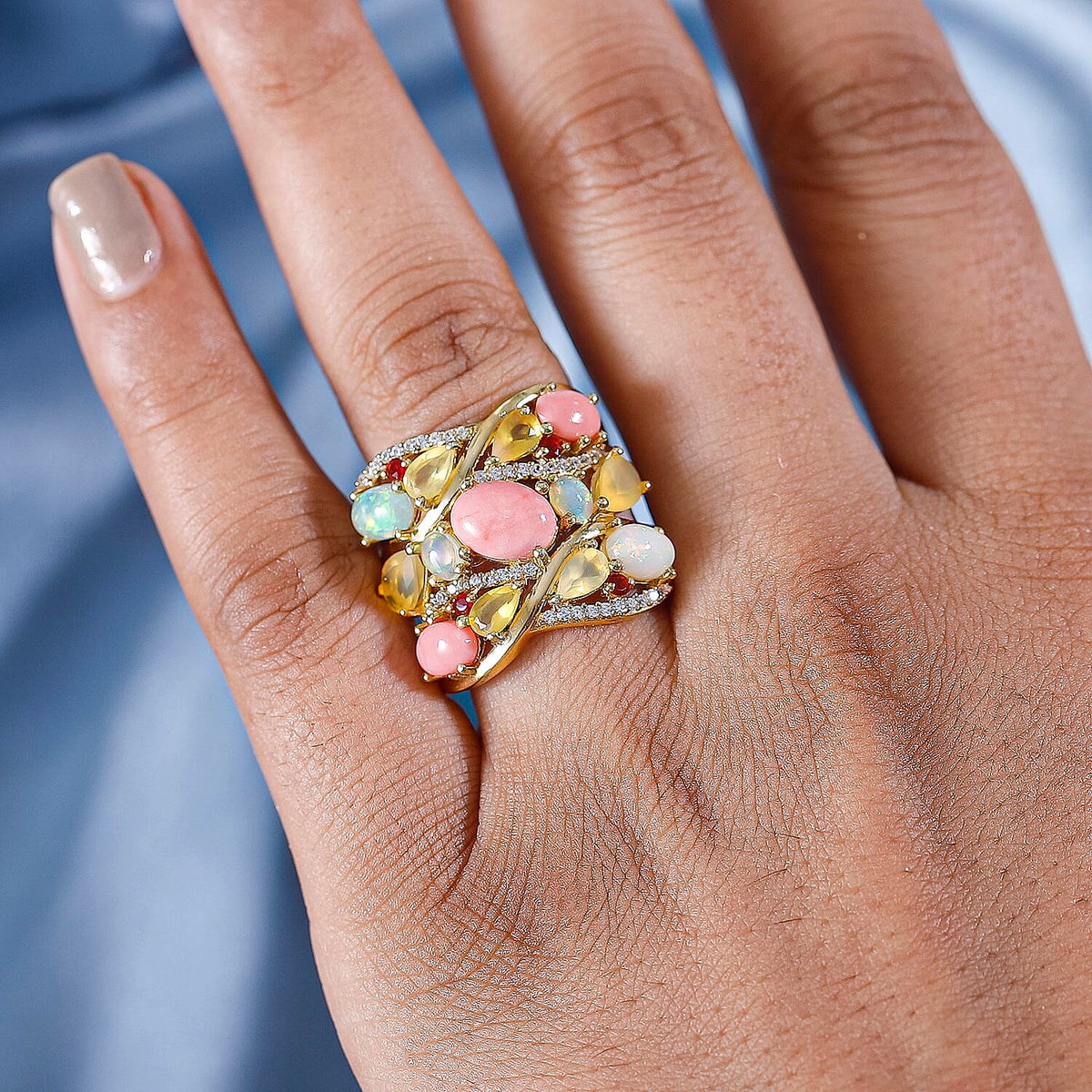 Peach Opal, Multi Gemstones Cluster Ring in 18K Yellow Gold Vermeil Plated Sterling Silver 3.87 Ct. 7884754 5