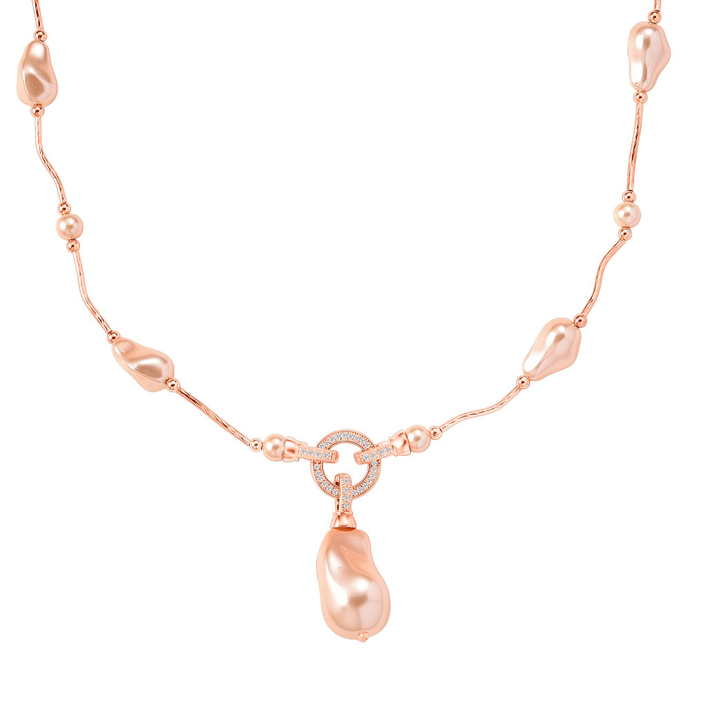 Peach Colour Shell Pearl & White Cubic Zirconia Necklace (Size 24) in Rose Gold Plated