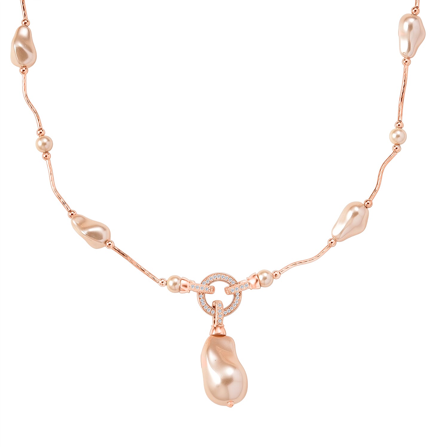 Peach Colour Shell Pearl &amp; White Cubic Zirconia Necklace (Size 24) in Rose Gold Plated V32514928 0