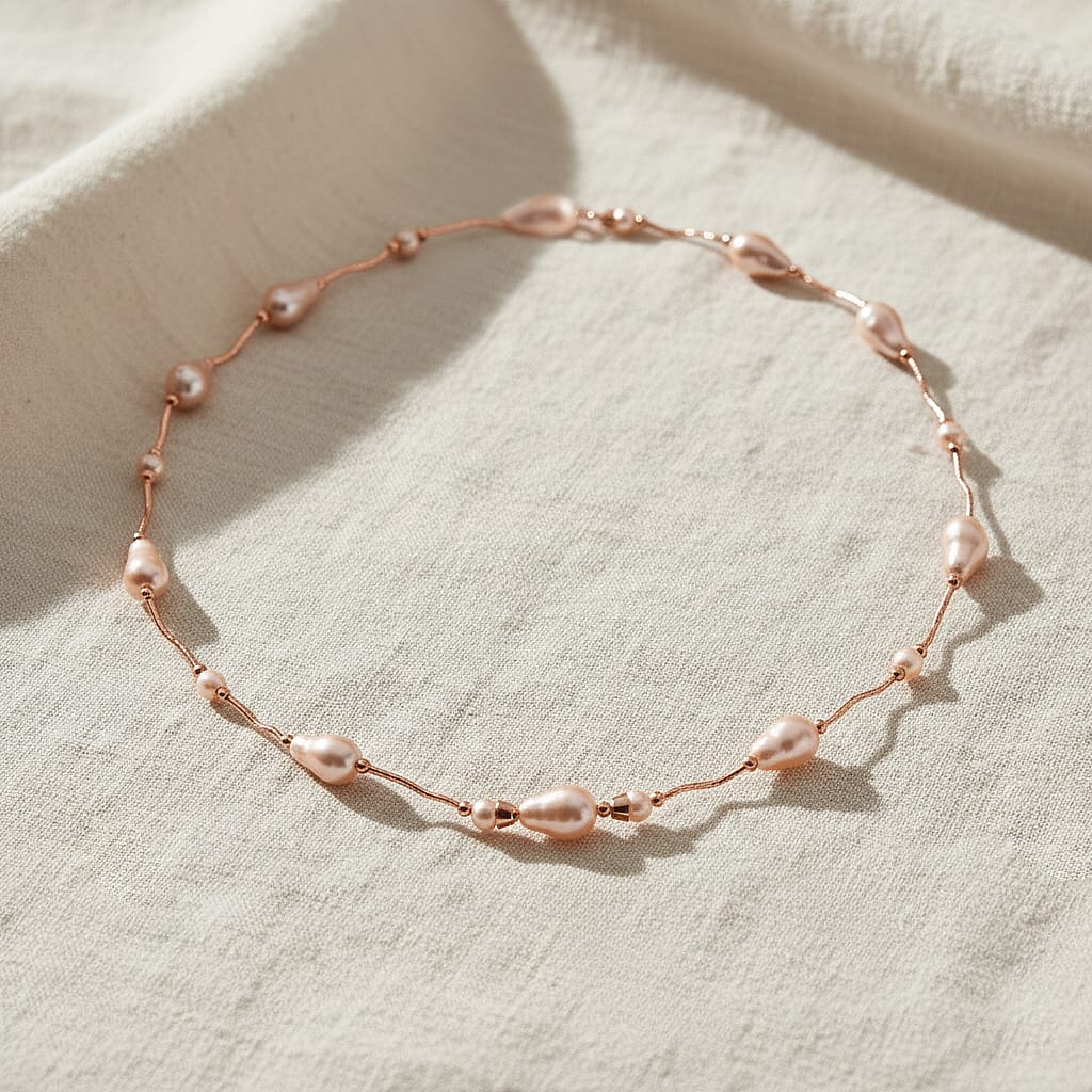 Peach Colour Shell Pearl &amp; White Cubic Zirconia Necklace (Size 24) in Rose Gold Plated V32514928 2