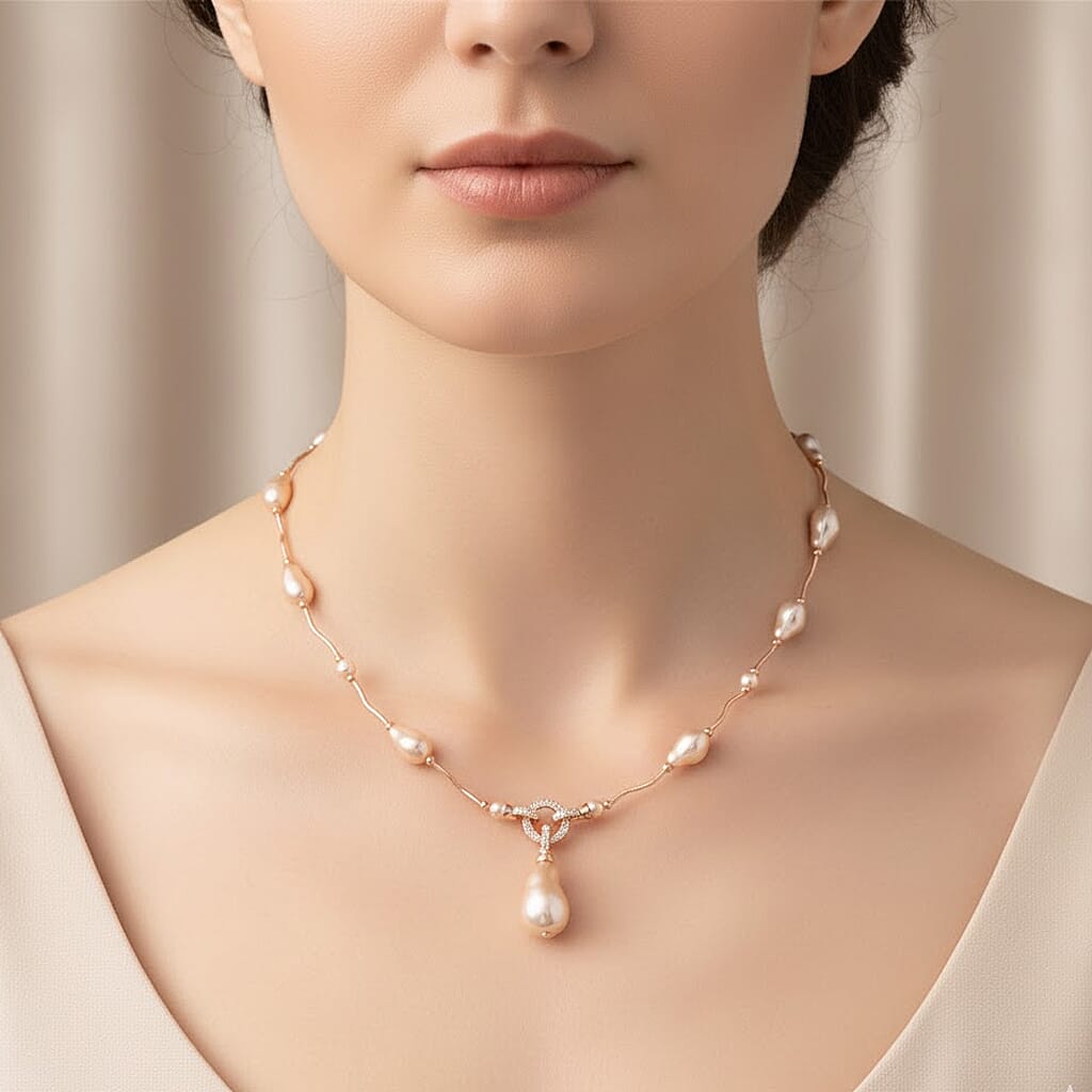 Peach Colour Shell Pearl &amp; White Cubic Zirconia Necklace (Size 24) in Rose Gold Plated V32514928 3