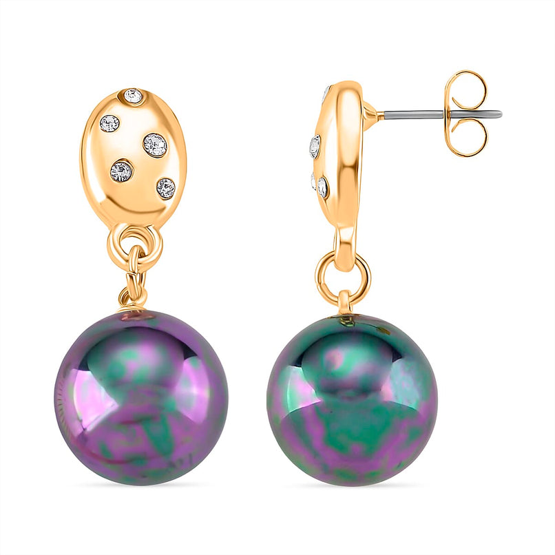 Peacock Color Shell Pearl & Austrian White Crystal Earring with Push Back in Yellow Gold Plated 30.20 Ct.