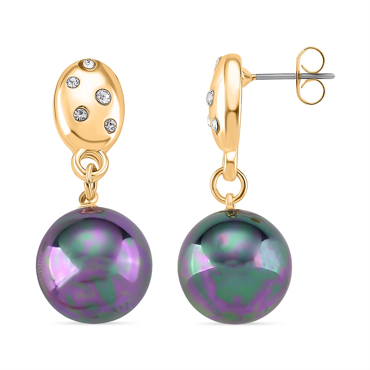Peacock Color Shell Pearl &amp; Austrian White Crystal Earring with Push Back in Yellow Gold Plated 30.20 Ct. 8228182 2