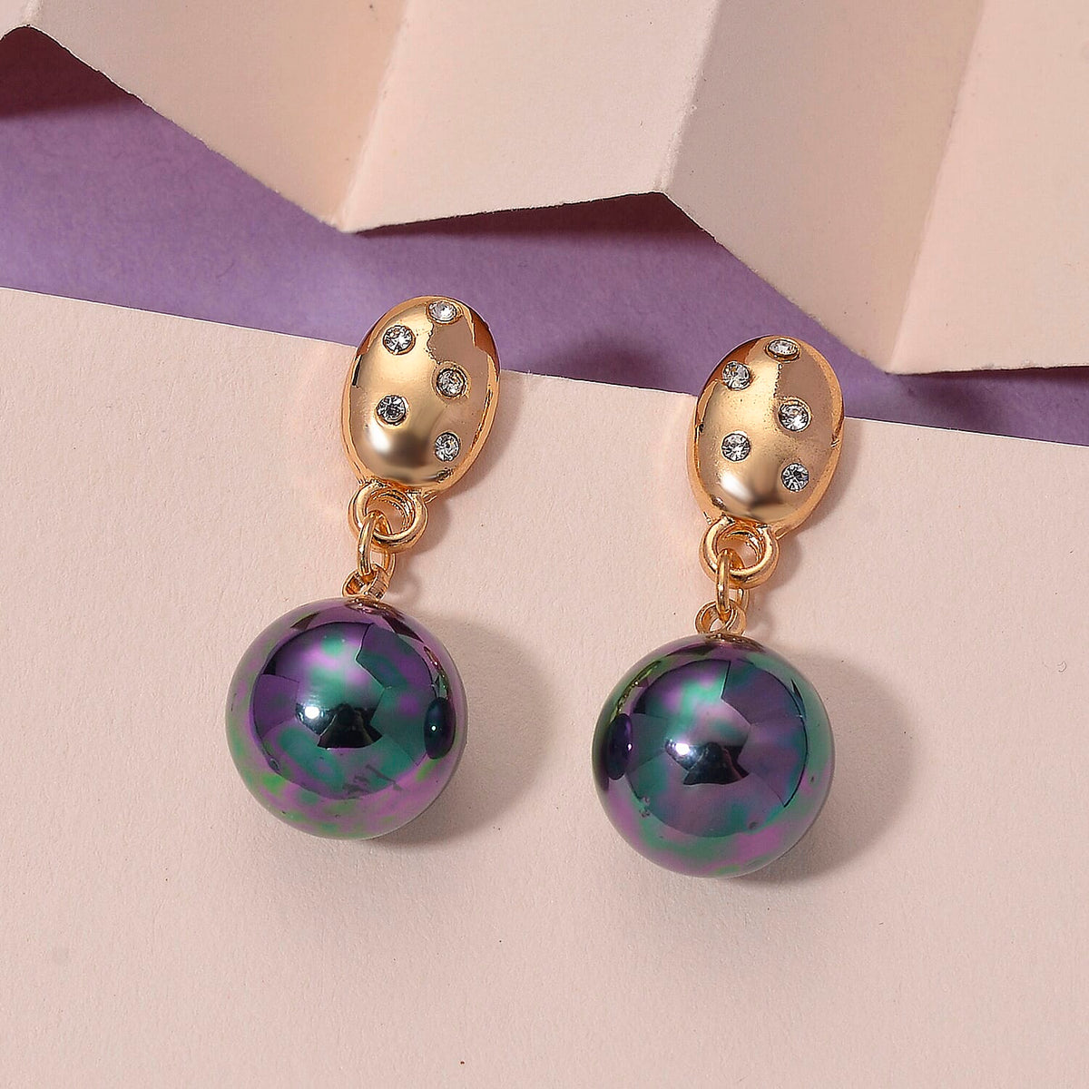 Peacock Color Shell Pearl &amp; Austrian White Crystal Earring with Push Back in Yellow Gold Plated 30.20 Ct. 8228182 4
