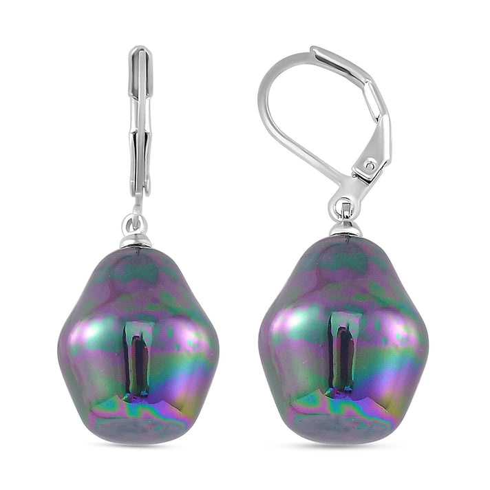 Peacock Colour Shell Pearl Drop Earrings with Lever Back 7811786 1