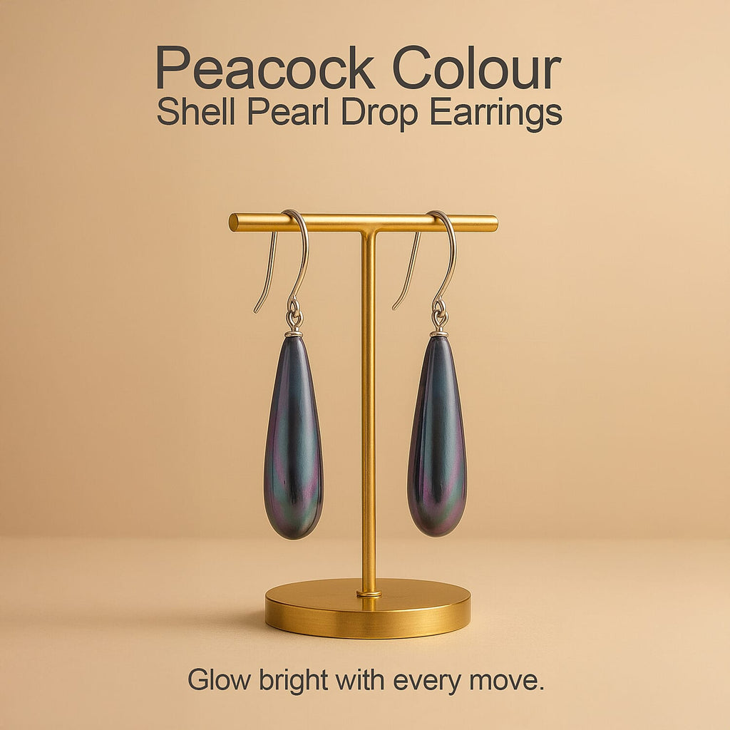Peacock Color Shell Pearl  Earring in Rhodium Overlay Sterling Silver