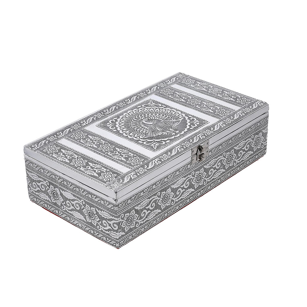 Handcrafted Aluminium Peacock Embossed Storage Box (Size 27x15x7 cm) - Silver