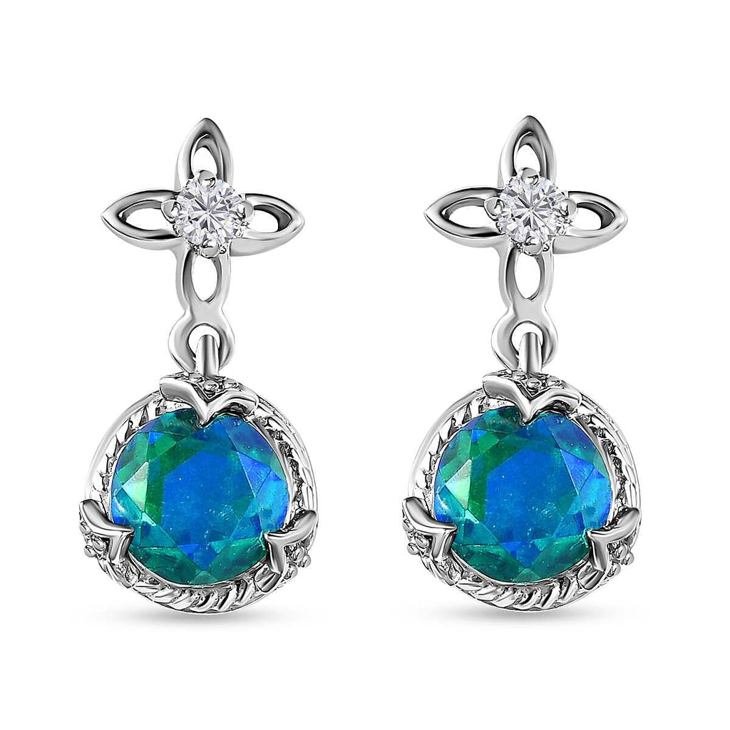 Peacock Triplet Quartz and Natural Zircon Earrings in Platinum Overlay Sterling Silver 2.36 Ct.