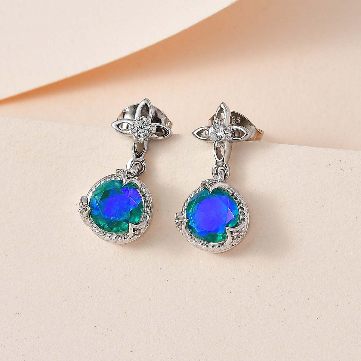 Peacock Triplet Quartz and Natural Zircon Earrings in Platinum Overlay Sterling Silver 2.36 Ct. 7545012 1