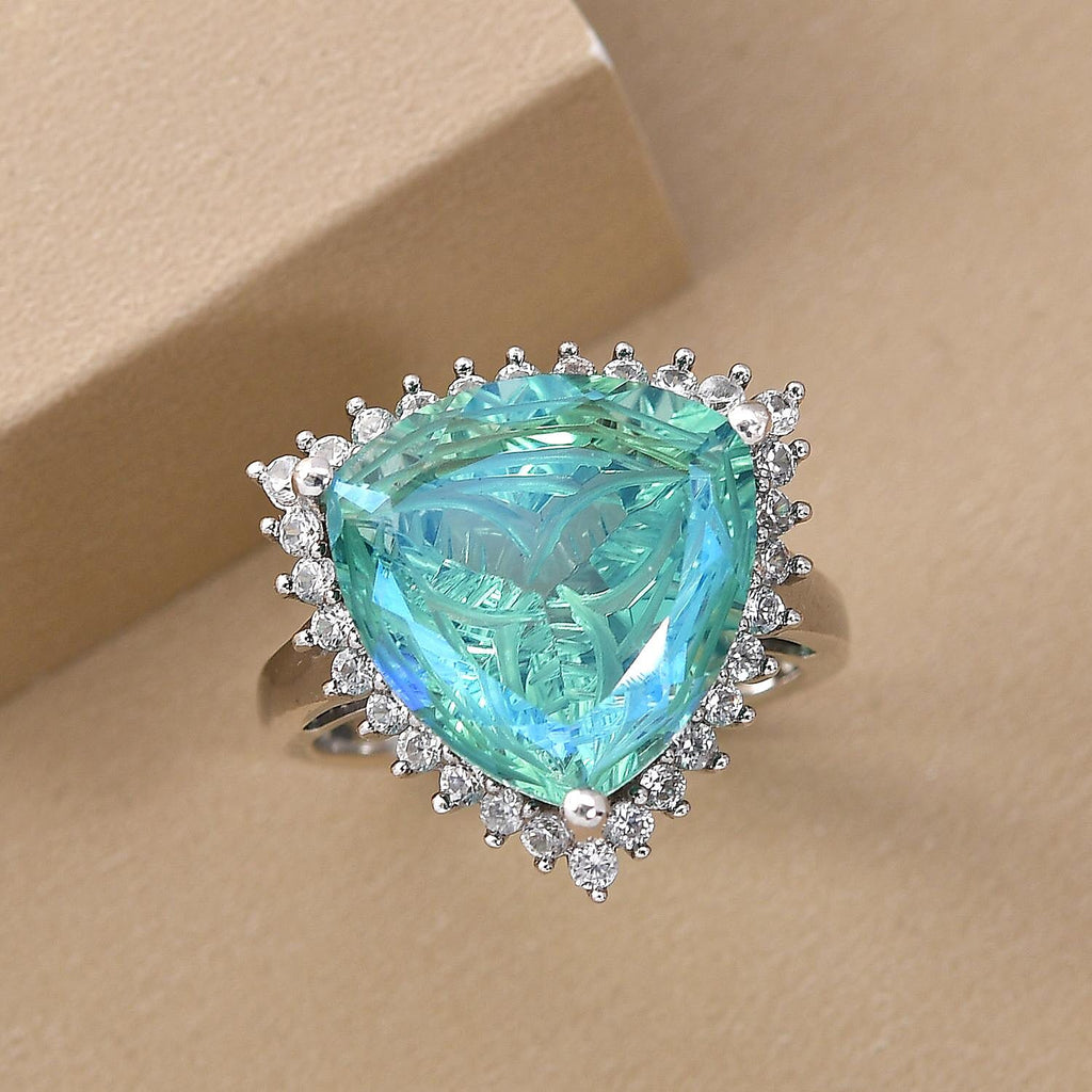 Peacock Quartz and Natural Zircon Ring in Platinum Overlay Sterling Silver 9.81 Ct.