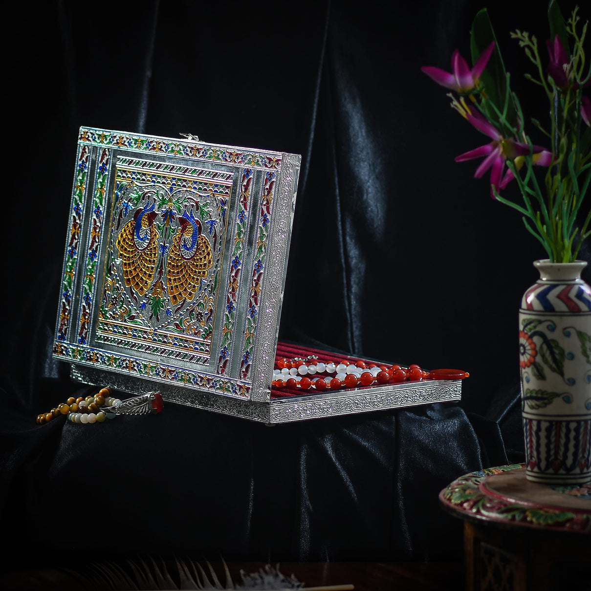 Oxidized Ring Box with Dancing Peacocks Hold Upto 150 Rings (Size 35x25x5 cm) - Silver 7857269 2