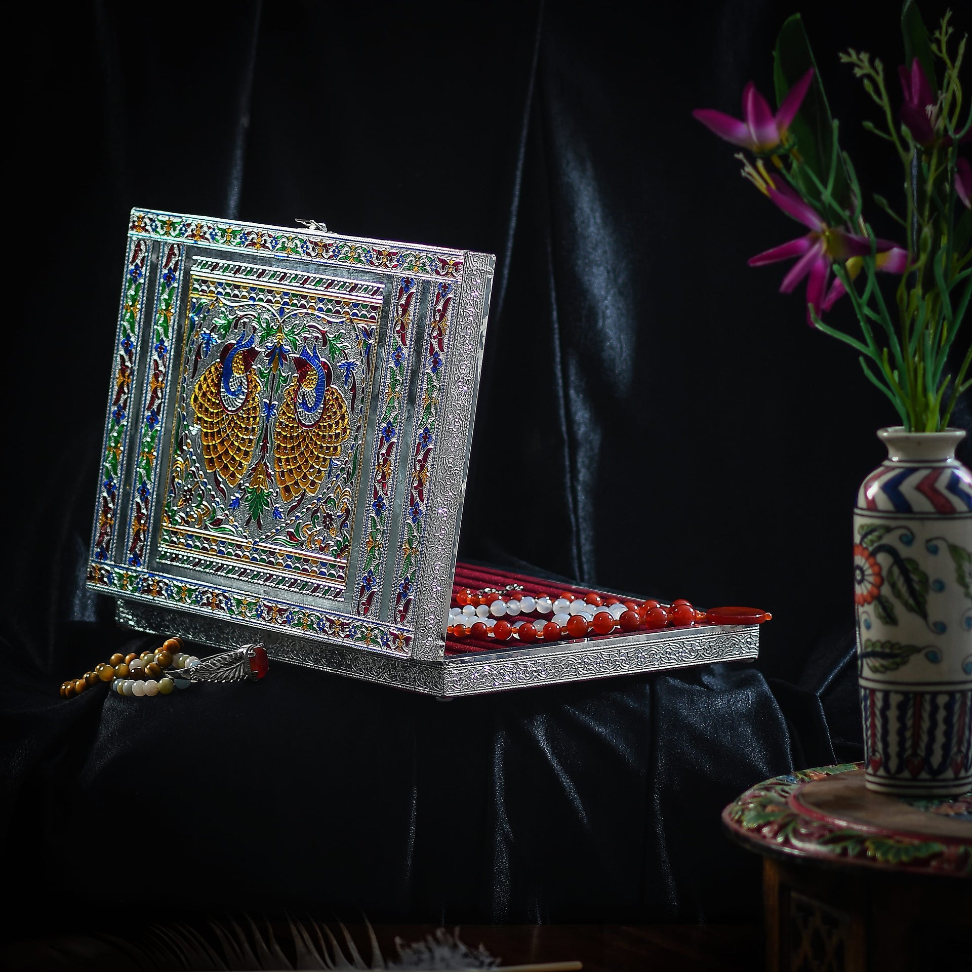 Oxidized Ring Box with Dancing Peacocks Hold Upto 150 Rings (Size 35x25x5 cm) - Silver 7857269 2