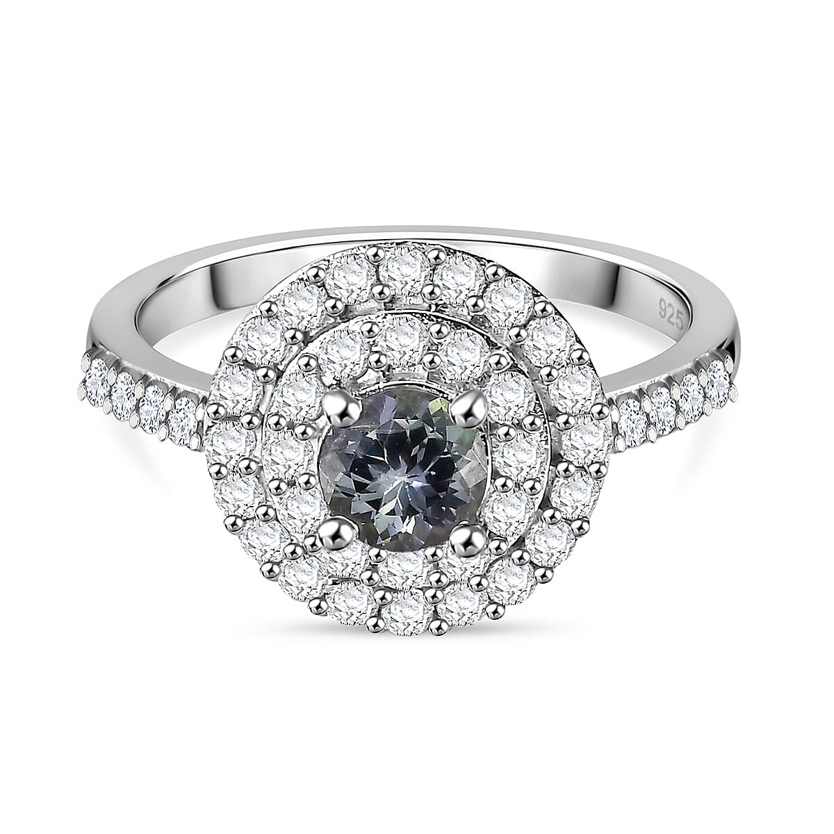 Peacock Tanzanite, White Zircon Double Halo Ring in Rhodium Overlay Sterling Silver 1.41 Ct. 7864248 0
