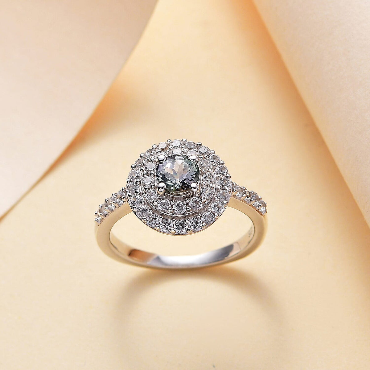 Peacock Tanzanite, White Zircon Double Halo Ring in Rhodium Overlay Sterling Silver 1.41 Ct. 7864248 1