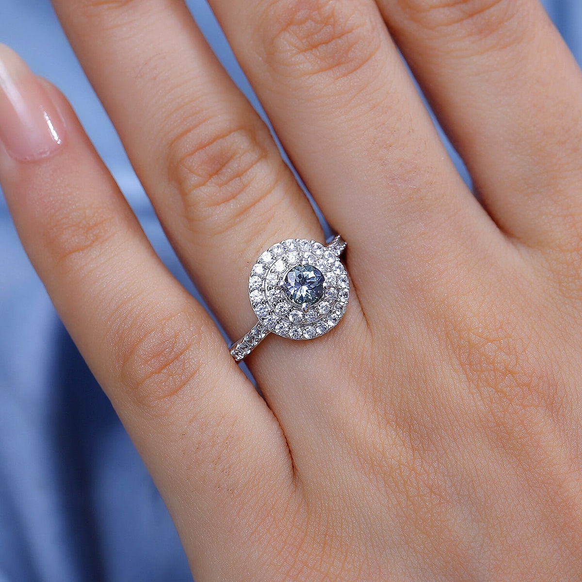 Peacock Tanzanite, White Zircon Double Halo Ring in Rhodium Overlay Sterling Silver 1.41 Ct. 7864248 2