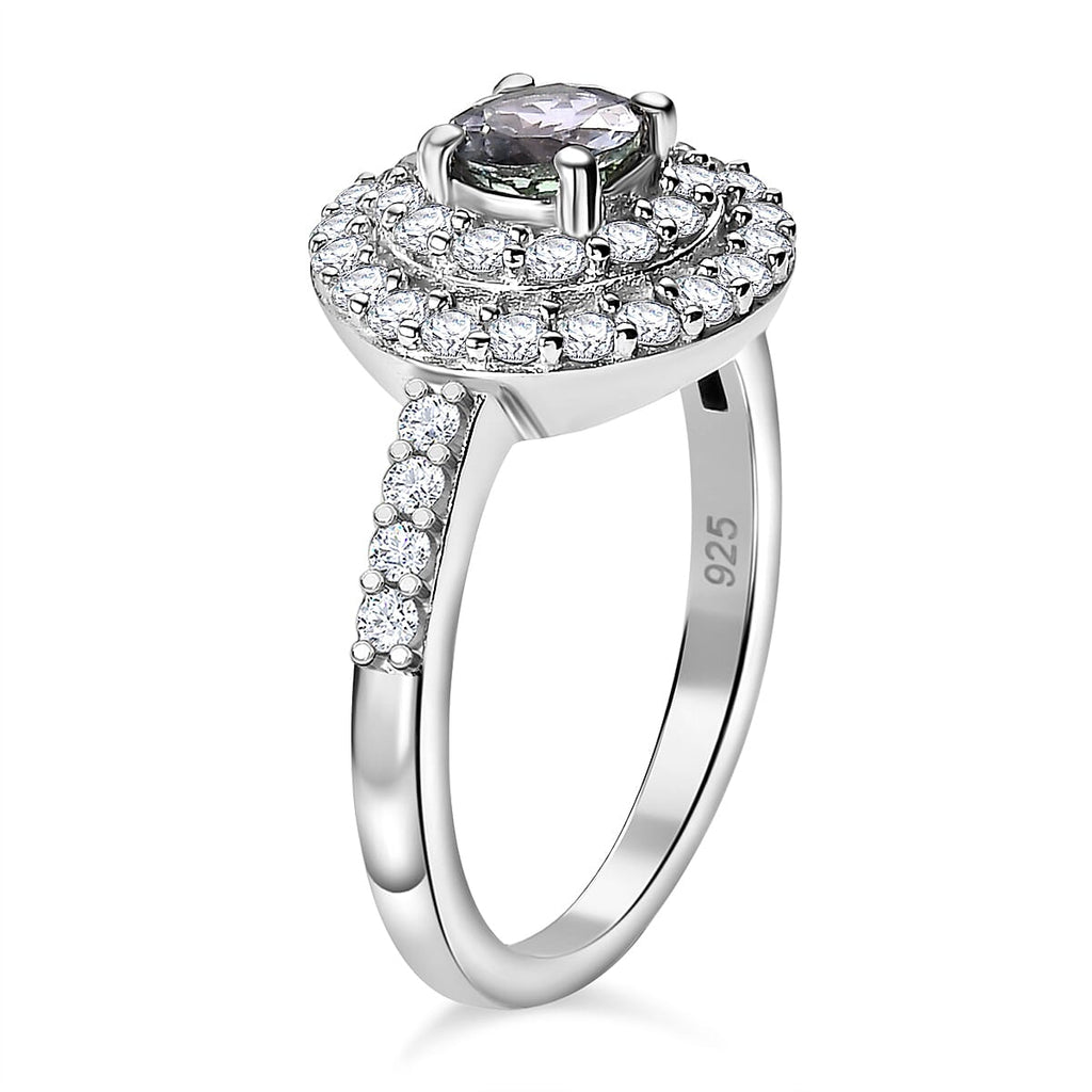 Peacock Tanzanite & White Zircon Double Halo Ring in Rhodium Overlay Sterling Silver 1.41 Ct.