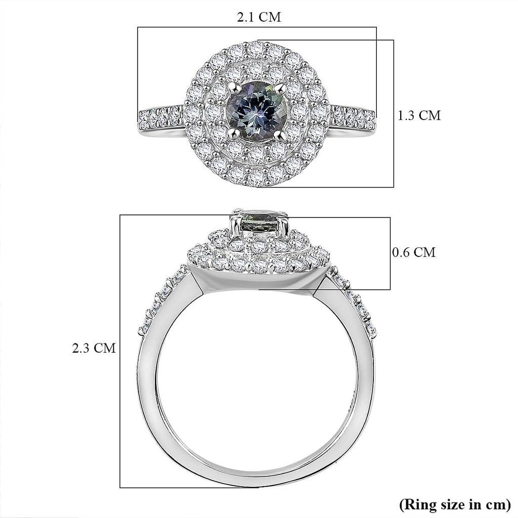 Peacock Tanzanite & White Zircon Double Halo Ring in Rhodium Overlay Sterling Silver 1.41 Ct.