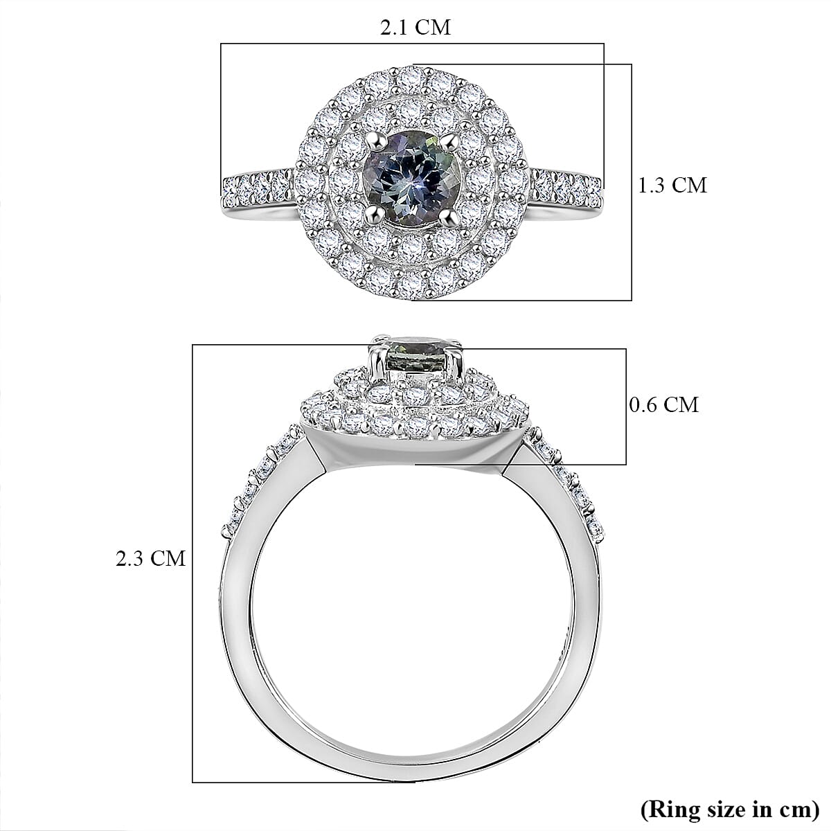 Peacock Tanzanite, White Zircon Double Halo Ring in Rhodium Overlay Sterling Silver 1.41 Ct. 7864248 5
