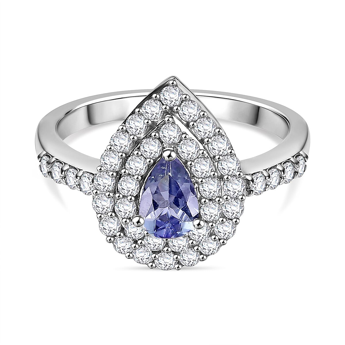 Peacock Tanzanite, White Zircon Double Halo Ring in Rhodium Sterling 1.24 Ct. 7859870 0