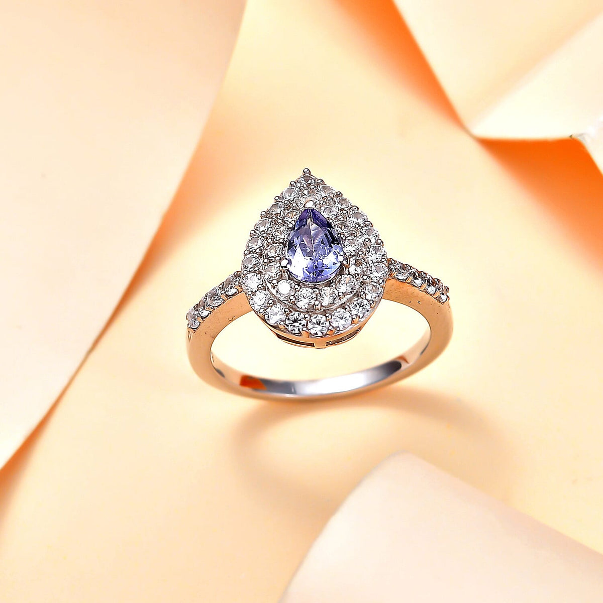Peacock Tanzanite, White Zircon Double Halo Ring in Rhodium Sterling 1.24 Ct. 7859870 1