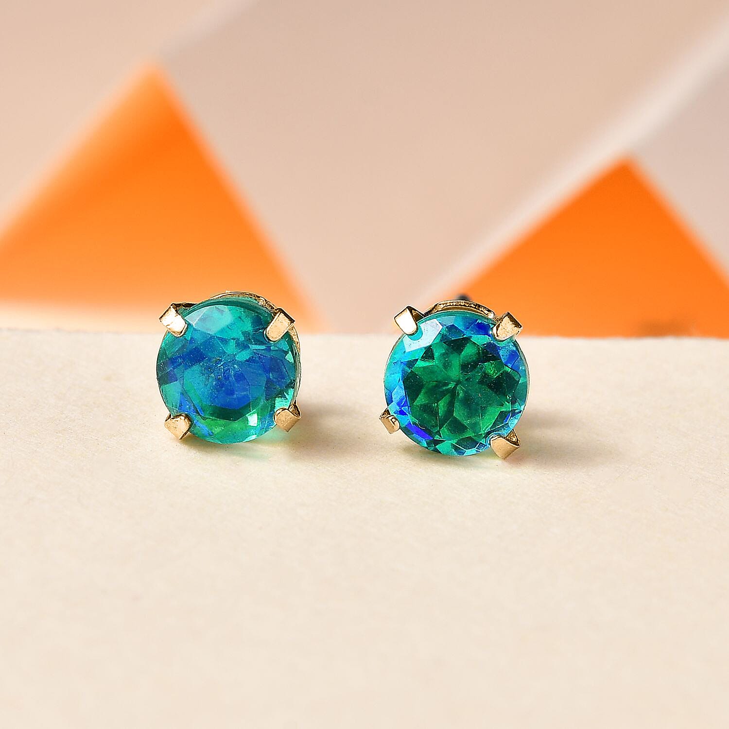 One Time Deal- Peacock Triplet Quartz Stud Earrings in 14K Yellow Gold Overlay Sterling Silver 2.00 Ct 7804935 1