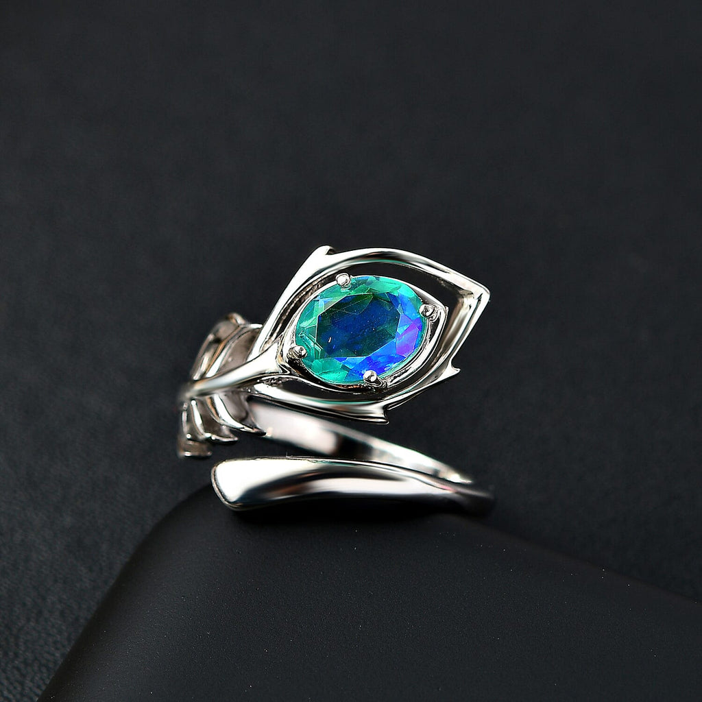 Peacock Triplet Quartz  Fancy Ring in Rhodium Sterling Silver 1.44 ct