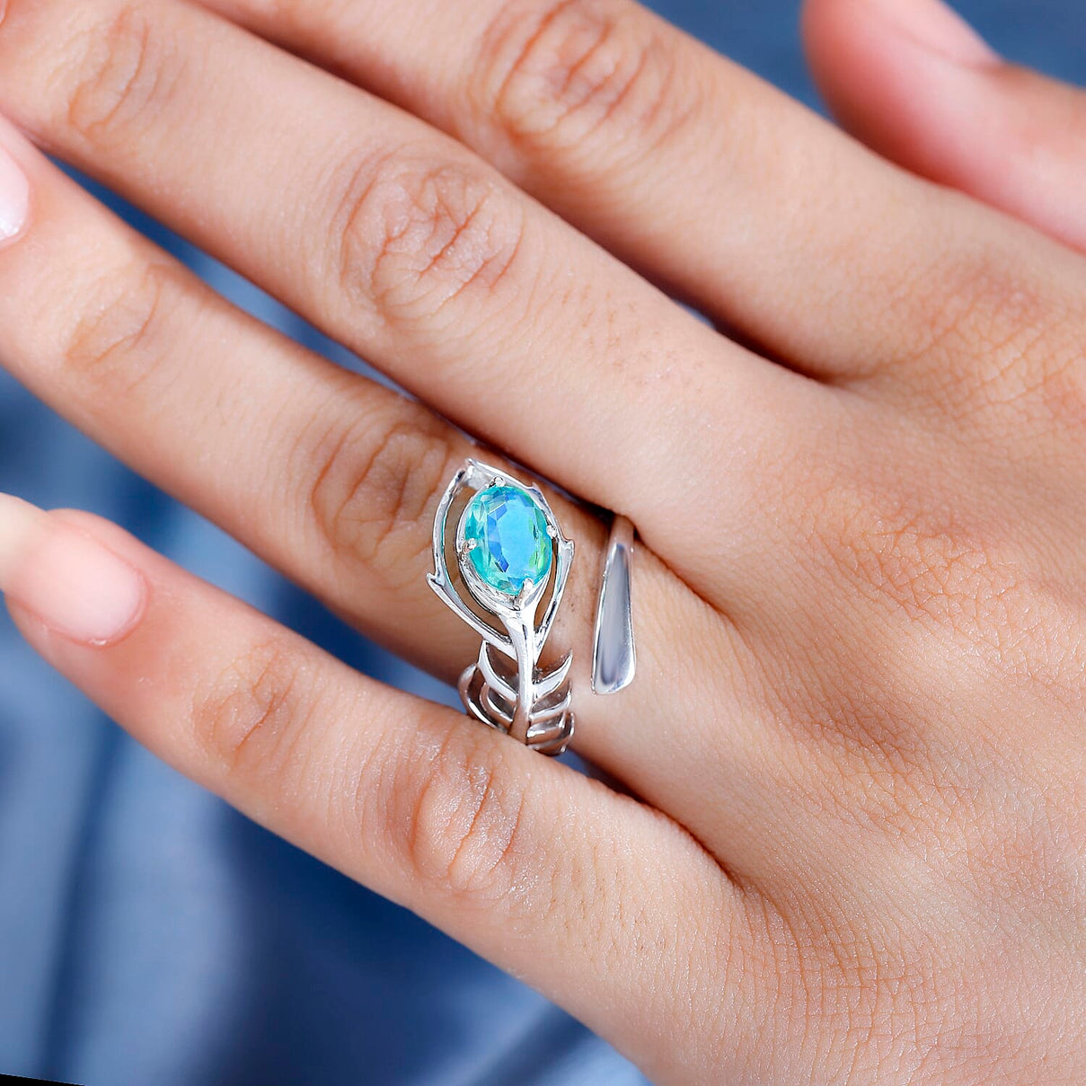 Peacock Triplet Quartz Adjustable Ring in Rhodium Overlay Sterling Silver 7861761 2