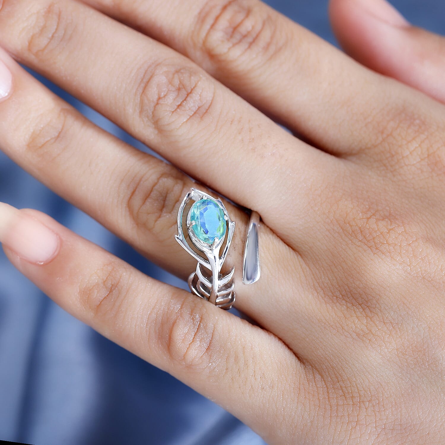 Peacock Triplet Quartz Adjustable Ring in Rhodium Overlay Sterling Silver 7861761 2