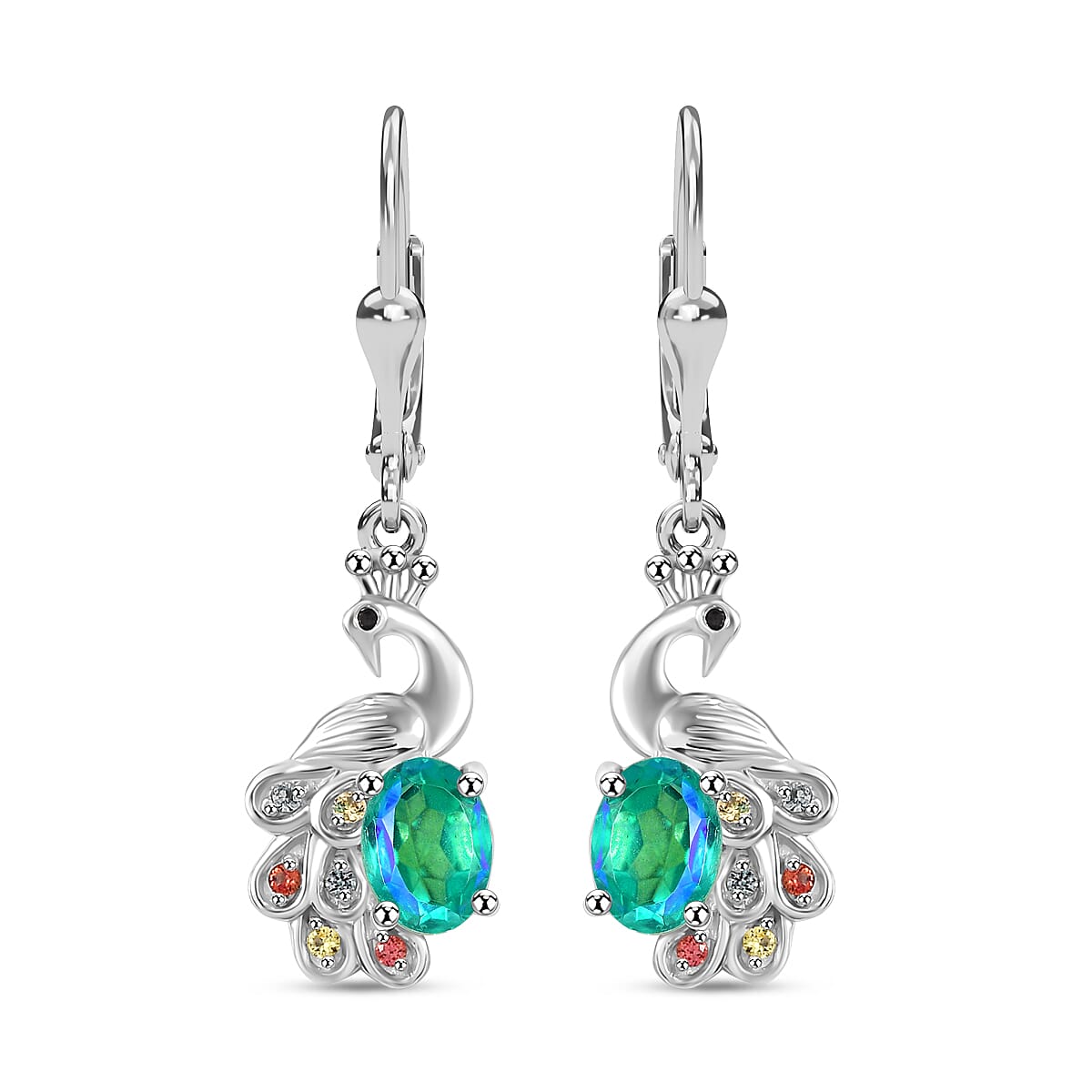 Peacock Triplet Quartz, Multi Sapphire and Black Spinel Dangling Peacock Earrings in Rhodium Overlay Sterling Silver 1.97 Ct. 7874682 0