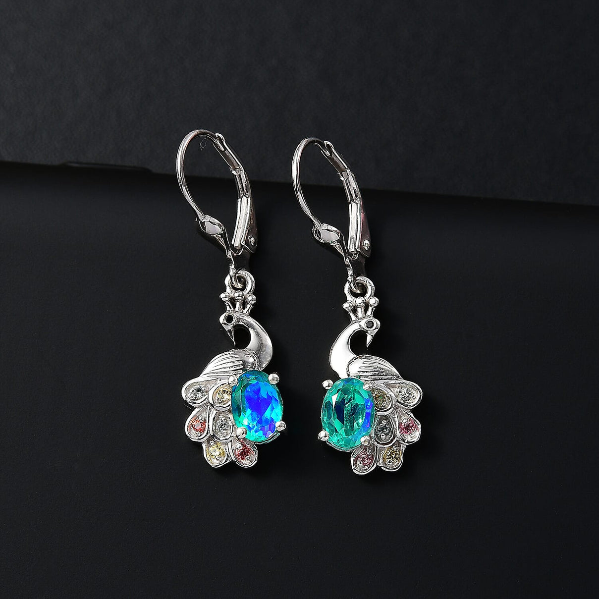 Peacock Triplet Quartz, Multi Sapphire and Black Spinel Dangling Peacock Earrings in Rhodium Overlay Sterling Silver 1.97 Ct. 7874682 2