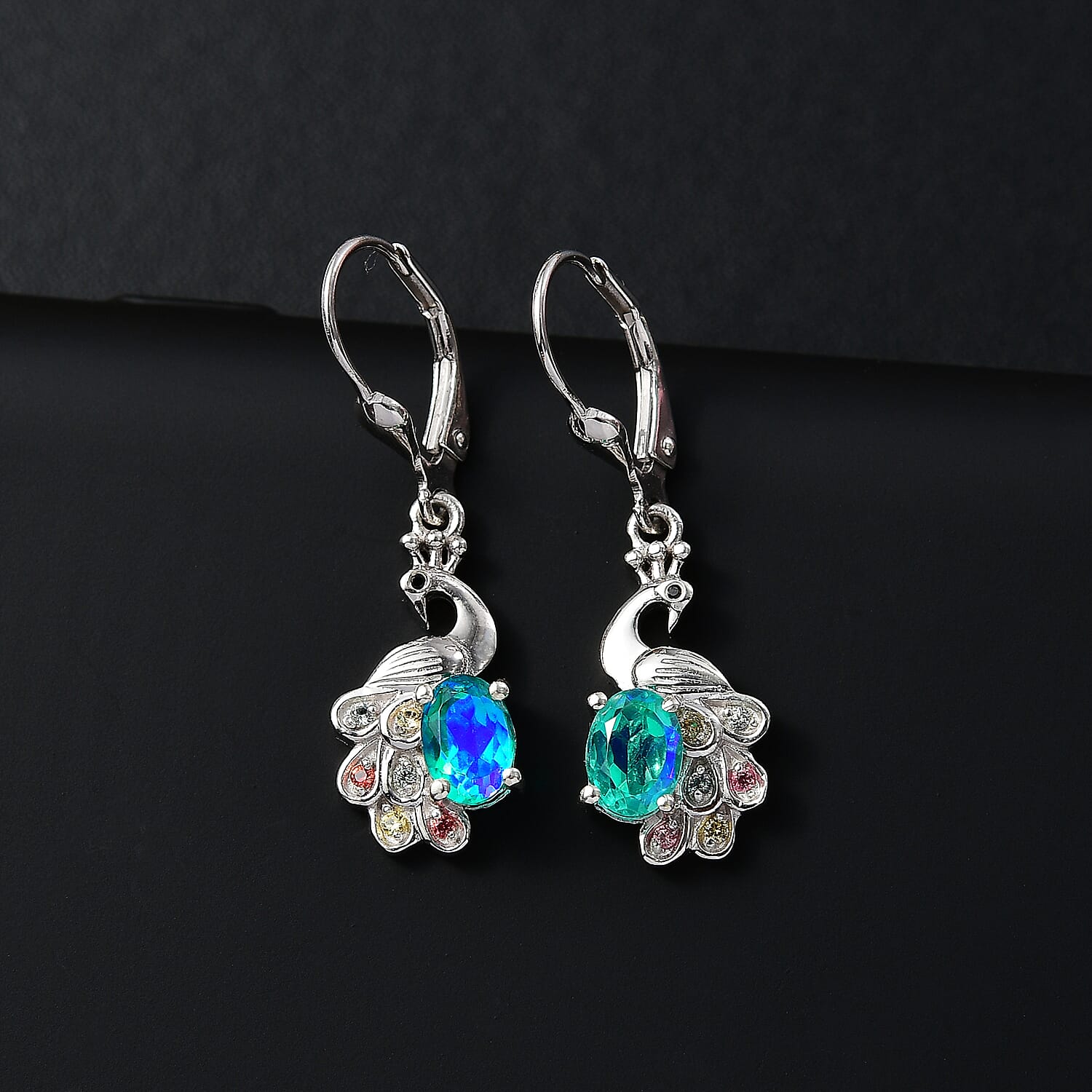 Peacock Triplet Quartz, Multi Sapphire and Black Spinel Dangling Peacock Earrings in Rhodium Overlay Sterling Silver 1.97 Ct. 7874682 2