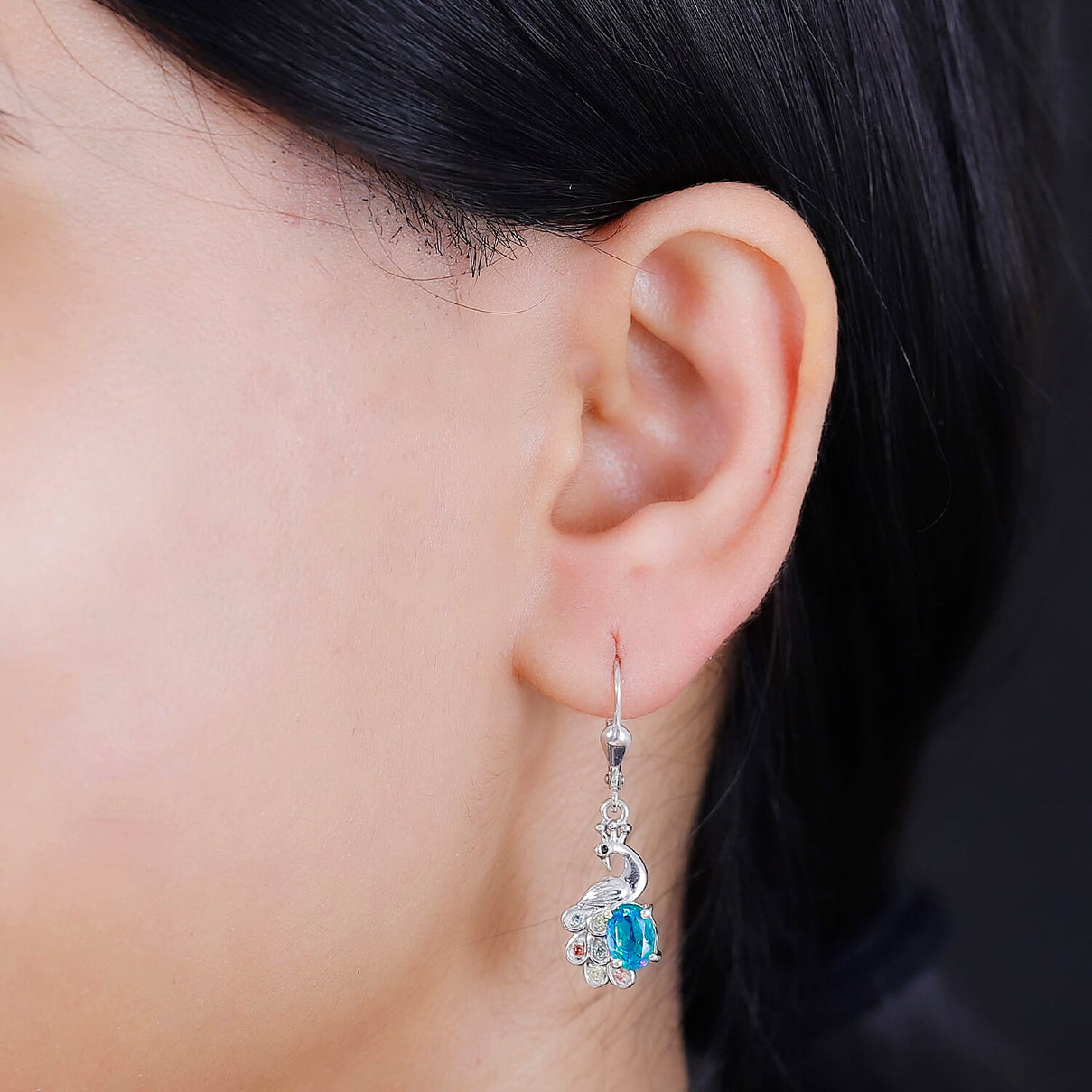 Peacock Triplet Quartz, Multi Sapphire and Black Spinel Dangling Peacock Earrings in Rhodium Overlay Sterling Silver 1.97 Ct. 7874682 3