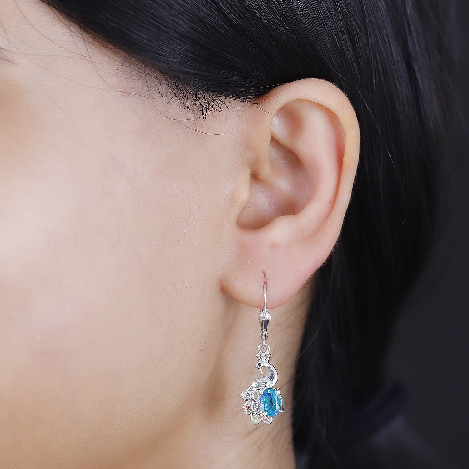 Peacock Triplet Quartz, Multi Sapphire and Black Spinel Dangling Peacock Earrings in Rhodium Overlay Sterling Silver 1.97 Ct. 7874682 3