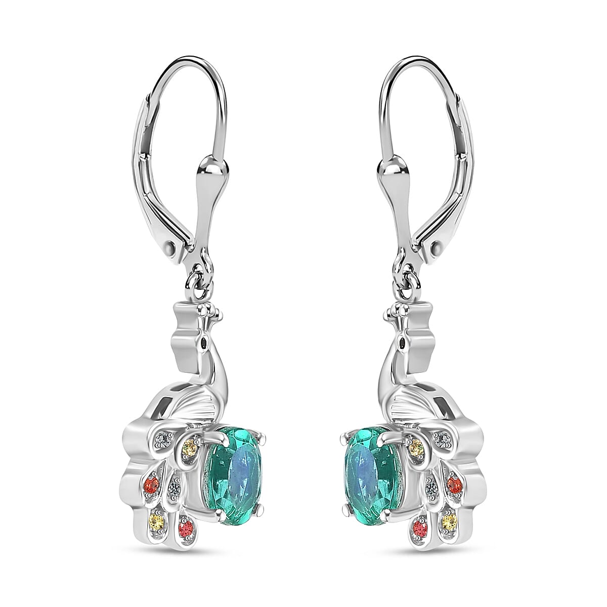 Peacock Triplet Quartz, Multi Sapphire and Black Spinel Dangling Peacock Earrings in Rhodium Overlay Sterling Silver 1.97 Ct. 7874682 4