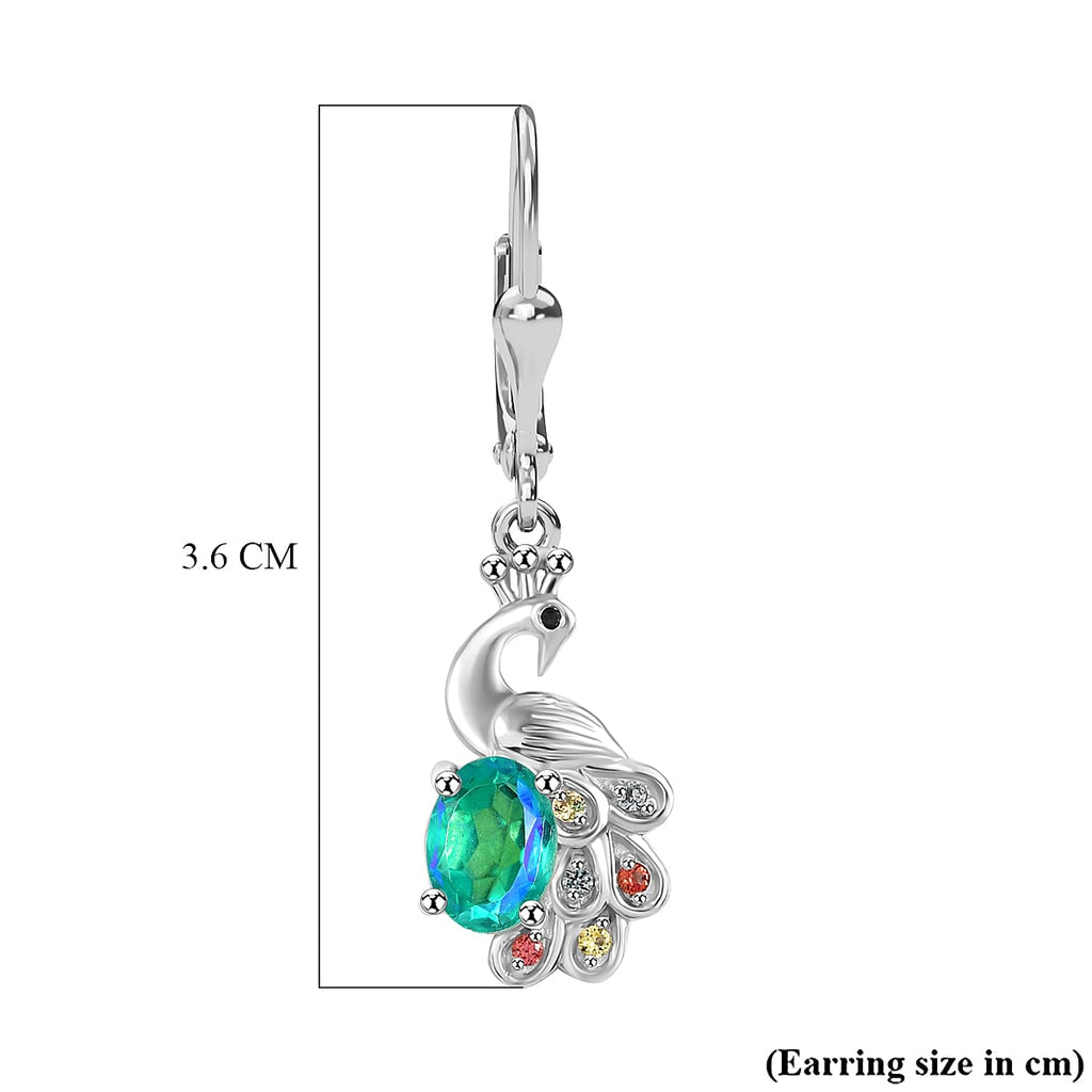 Peacock Triplet Quartz, Multi Sapphire & Black Spinel Dangling Earring in Rhodium Overlay Sterling Silver 1.97 Ct.